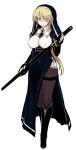  1girl blonde_hair blue_eyes boots breasts dress long_hair long_sleeves null_(nyanpyoun) nun robe sword thigh-highs veil weapon 