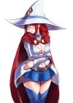  1girl atatatamu belt blush breast_hold breasts cape choker cleavage cowboy_shot crossed_arms earrings glasses hat highres jewelry little_witch_academia long_hair navel red_eyes redhead shiny_chariot skirt solo spoilers thigh-highs ursula_charistes white_background witch witch_hat 