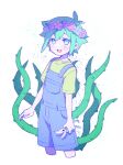  1boy absurdres ahoge aqua_eyes basil_(omori) blush feet_out_of_frame green_hair hair_between_eyes head_wreath highres holding looking_at_viewer male_child male_focus manimarough omori open_mouth overalls plant short_hair shorts sidelocks smile vines white_background 