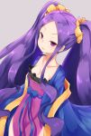  1girl assassin_of_the_nocturnal_castle bangs blush breasts fate/grand_order fate_(series) highres japanese_clothes kimono long_hair long_sleeves looking_at_viewer nenosame_(nenosame5_) parted_bangs purple_hair sidelocks simple_background smile solo twintails very_long_hair violet_eyes wide_sleeves wu_zetian_(fate/grand_order) 