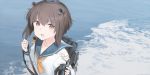  1girl astg brown_eyes brown_hair collarbone kantai_collection long_sleeves looking_at_viewer neckerchief parted_lips short_hair solo teeth torn_clothes upper_body yellow_neckerchief yukikaze_(kantai_collection) 
