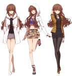  1girl alternate_costume bangs bare_legs black_legwear brown_hair child_gilgamesh child_gilgamesh_(cosplay) coat cosplay costume_chart costume_request crop_top fate/extra fate/extra_ccc fate_(series) full_body gilgamesh gilgamesh_(cosplay) hair_tucking hands_in_pockets high-waist_skirt hood hoodie kishinami_hakuno_(female) legs liusang long_hair looking_at_viewer midriff miniskirt multiple_persona navel open_clothes open_coat open_mouth pantyhose shorts skirt skirt_set standing wavy_hair white_background yellow_eyes 