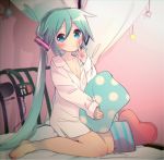  1girl aqua_eyes aqua_hair bed blush finger_to_mouth hatsune_miku headphones_removed highres hiyo_kotori long_hair looking_at_viewer pillow shushing side_ponytail sitting solo very_long_hair vocaloid 