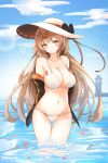  1girl bangs bikini blue_sky blush bow breast_tattoo breasts brown_hair clouds copyright_request frown girls_frontline hat hat_bow head_tilt highres jacket large_breasts lighthouse long_hair lowleg lowleg_bikini m37_(girls_frontline) medium_breasts munape navel ocean off_shoulder open_clothes open_jacket orange_eyes outdoors partially_submerged petals sky solo string_bikini sun_hat swimsuit tattoo thigh_gap very_long_hair wading water white_bikini 