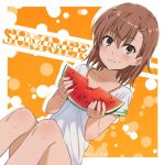  1girl blush brown_eyes brown_hair eating english food fruit hair_ornament hairpin misaka_mikoto puma_(hyuma1219) shiny shiny_hair shiny_skin to_aru_kagaku_no_railgun to_aru_majutsu_no_index watermelon 