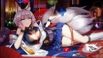  1girl animal_ears bangs bare_shoulders bilan_hangxian blue_eyes blue_skirt blunt_bangs blush breasts cleavage commentary_request cowlick detached_sleeves fan flower folding_fan fox_ears fox_mask fox_tail hakama_skirt highres indoors kaga_(bilan_hangxian) kikumon large_breasts long_sleeves looking_at_viewer lying mask multiple_tails on_side parted_lips pleated_skirt revision shikigami short_hair silver_hair skirt socks solo tail thighs white_legwear wide_sleeves zjsstc 