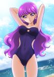  1girl armpits arms_up black_swimsuit clouds cowboy_shot day earrings hanzou highres jewelry kirakira_precure_a_la_mode kotozume_yukari long_hair looking_at_viewer one-piece_swimsuit precure purple_hair sky smile solo summer swimsuit violet_eyes water 