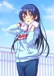  1girl blue_hair eyebrows_visible_through_hair highres long_hair looking_at_viewer love_live! love_live!_school_idol_project parted_lips sketch solo sonoda_umi sweatdrop wedo yellow_eyes 