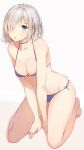  1girl :o bare_shoulders between_legs bikini blue_bikini blue_eyes breasts choker cleavage collarbone glint groin hair_ornament hair_over_one_eye hairclip hamakaze_(kantai_collection) highres kantai_collection kneeling looking_at_viewer medium_breasts nail_polish navel open_mouth revision rurikoma shiny shiny_skin short_hair side-tie_bikini silver_hair simple_background solo swimsuit 