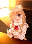  1girl :d alpaca_ears alpaca_suri_(kemono_friends) cup eyebrows_visible_through_hair fur-trimmed_sleeves fur_collar fur_trim grey_eyes hair_over_one_eye holding holding_cup horizontal_pupils indoors kemono_friends long_sleeves looking_at_viewer mikan_(ama_no_hakoniwa) open_mouth short_hair sidelocks smile solo sunset teacup window 