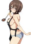  1girl apron ass bangs bare_arms bare_back bare_shoulders black_apron breasts brown_eyes brown_hair butt_crack cleavage closed_mouth cowboy_shot from_side girls_und_panzer highres ladle looking_at_viewer looking_to_the_side medium_breasts nakahira_guy nearly_naked_apron nishizumi_maho panties short_hair sideboob solo soup_ladle striped striped_panties underwear 