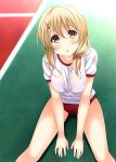  arm_support blonde_hair blush breasts buruma gym_uniform highres hino_minato_(spec.c) long_hair looking_at_viewer medium_breasts open_mouth original see-through shirt spread_legs sweat sweaty thighs v_arms wet wet_clothes wet_shirt 