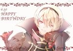  1boy atoatto blonde_hair english fire_emblem fire_emblem_if food gloves holding leon_(fire_emblem_if) looking_at_viewer smile solo tomato vegetable 