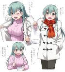  :d ;3 ;d aqua_hair bag blush breasts casual chopsticks furrowed_eyebrows green_eyes hair_ornament hairclip jacket kantai_collection large_breasts long_hair looking_at_viewer multiple_views one_eye_closed open_clothes open_jacket open_mouth plastic_bag ribbed_sweater scarf smile suzuya_(kantai_collection) sweater translated turtleneck turtleneck_sweater youkan 
