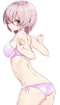 1girl absurdres adjusting_glasses ass ass_visible_through_thighs bare_arms bare_shoulders blush bra collarbone fate/grand_order fate_(series) floral_print from_behind glasses hair_over_one_eye highres kengorou_saemon_ii_sei lavender_bra lavender_panties leaning_forward looking_at_viewer midriff navel panties purple_hair red-framed_eyewear shielder_(fate/grand_order) short_hair side-tie_panties simple_background thighs underwear underwear_only violet_eyes 