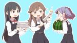  &gt;:d 10s 3girls :d arashio_(kantai_collection) asashio_(kantai_collection) belt black_hair blue_background brown_hair commentary dokan_(dkn) dress food fruit holding holding_fruit kantai_collection knife long_hair looking_at_another multiple_girls neck_ribbon ooshio_(kantai_collection) open_mouth pinafore_dress plate red_ribbon remodel_(kantai_collection) ribbon school_uniform shirt smile twintails watermelon white_shirt 