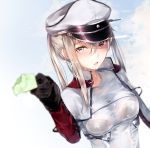  1girl :d absurdres bird black_bra black_gloves blonde_hair blush bra breasts capelet clouds cloudy_sky commentary day flock food giving gloves graf_zeppelin_(kantai_collection) grey_eyes hair_between_eyes hat high_collar highres holding holding_food hplay impossible_clothes jacket kantai_collection lace lace-trimmed_bra long_hair long_sleeves looking_at_viewer medium_breasts open_mouth outdoors outstretched_arm peaked_cap popsicle reaching_out revision see-through sidelocks sky smile solo taut_clothes tsurime twintails underwear upper_body wet wet_clothes wet_hair white_jacket 