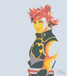  1boy absurdres bare_arms fire_emblem fire_emblem_if highres hinata_(fire_emblem_if) looking_at_viewer ponytail scar scar_on_cheek signature simple_background smile solo streaac 