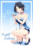  1girl absurdres black_hair blue_background blush breasts choker cleavage eyebrows_visible_through_hair feet gradient gradient_background happy_birthday hayami_kanade high_heels highres holding holding_microphone idolmaster idolmaster_cinderella_girls jakelian large_breasts looking_at_viewer microphone microphone_stand navel parted_lips short_hair smile solo star yellow_eyes 
