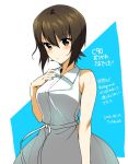  1girl bangs brown_eyes brown_hair casual closed_mouth collared_dress comiket_90 commentary_request dated dress girls_und_panzer light_smile looking_at_viewer medium_dress nishizumi_maho portrait saikawa_yusa short_hair sleeveless sleeveless_dress solo standing translation_request white_dress 
