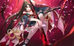  1girl bare_shoulders black_hair breasts highres japanese_clothes kimono long_hair looking_at_viewer medium_breasts nail_polish obi off_shoulder onmyoji ootachi petals pink_eyes ponytail qidai red_nails sash short_kimono sitting solo very_long_hair wide_sleeves yaodao_ji yellow_eyes 