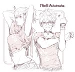  1boy 1girl breasts choker contemporary glasses hairband highres looking_at_viewer mole mole_under_mouth monochrome nier_(series) nier_automata short_hair silver_hair smile yorha_no._2_type_b yorha_no._9_type_s 