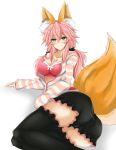  1girl animal_ears blush bra breasts cleavage collarbone fate/extra fate/grand_order fate_(series) fox_ears fox_tail jewelry large_breasts light_smile looking_at_viewer necklace open_clothes open_shirt pink_bra pink_hair ryou_(619-619) shirt simple_background solo tail tamamo_(fate)_(all) tamamo_no_mae_(fate) underwear white_background yellow_eyes zettai_ryouiki 