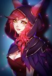  1girl absurdres animal_ears breasts cleavage cloak eyebrows_visible_through_hair eyelashes facial_mark feathers highres hood_up league_of_legends light_particles long_hair looking_at_another medium_breasts nose_piercing parted_lips patreon_reward piercing pink_lady_mage redhead scar solo upper_body xayah yellow_eyes 