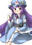  1girl blue_ribbon blush bow cosplay crescent dress food gaoo_(frpjx283) hair_bow hat highres long_hair looking_at_viewer mob_cap onigiri open_mouth patchouli_knowledge purple_hair red_ribbon ribbon saigyouji_yuyuko saigyouji_yuyuko_(cosplay) sash sitting solo touhou triangular_headpiece violet_eyes 