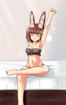  1girl animal_ears arm_behind_head arm_up armpits bangs bare_legs barefoot bed blunt_bangs breasts brown_hair closed_eyes collarbone commentary eyebrows_visible_through_hair highres hound_(sekaiju) medium_breasts nav navel on_bed rabbit_ears sekaiju_no_meikyuu sekaiju_no_meikyuu_5 short_hair sitting solo stomach stretch underwear wavy_mouth 