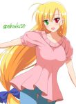  1girl :d blonde_hair blush bow breasts collarbone cowboy_shot denim green_eyes hair_bow heterochromia jeans long_hair looking_at_viewer low-tied_long_hair lyrical_nanoha mahou_shoujo_lyrical_nanoha_vivid medium_breasts open_mouth pants pink_shirt red_eyes shinki_(shinki59) shiny shiny_hair shirt short_sleeves simple_background smile solo twitter_username very_long_hair vivio white_background 