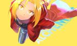  1boy artist_name black_shirt blonde_hair braid coat edward_elric fullmetal_alchemist highres holy_pumpkin long_hair looking_at_viewer looking_up multicolored multicolored_clothes pants red_coat shirt smile solo_focus text twitter_username yellow_background yellow_eyes 