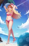  1girl :d anklet armpits ball beachball bikini blonde_hair blue_sky breasts brown_eyes clouds day drill_hair eromanga_sensei fang hands_on_headwear hat highres jewelry l.bou long_hair medium_breasts navel ocean open_mouth outdoors pink_bikini revision side-tie_bikini sky smile solo straw_hat sunlight swimsuit twin_drills walking yamada_elf 