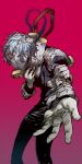  1boy black_pants black_shirt boku_no_hero_academia collagen covering_face hands long_sleeves looking_at_viewer pants purple_background reaching_out shigaraki_tomura shirt silver_hair simple_background solo wide-eyed 