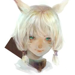  1girl animal_ears blonde_hair blurry cat_ears facial_mark faux_traditional_media final_fantasy final_fantasy_xiv green_eyes hair_tubes highres lips miqo&#039;te portrait satomatoma short_hair simple_background sketch solo turtleneck white_background y&#039;shtola 