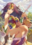  1girl animal bare_shoulders bird blue_eyes boots bracer breasts cleavage dc_comics highres kotatsu_(g-rough) leotard lion long_hair looking_at_viewer medium_breasts nature purple_hair rabbit sitting smile solo sunlight superhero tiara wonder_woman wonder_woman_(series) 