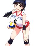  1girl black_hair breasts ebino_mei hatsukoi_zombie highres large_breasts long_hair looking_at_viewer minenami_ryou official_art open_mouth ponytail sleeveless smile sportswear violet_eyes volleyball volleyball_uniform white_background 