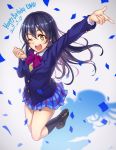  1girl black_legwear blue_hair blue_skirt blush bow confetti dated eyebrows_visible_through_hair happy_birthday highres index_finger_raised kneehighs love_live! love_live!_school_idol_project one_eye_closed open_mouth red_bow skirt smile solo sonoda_umi wedo yellow_eyes 