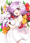  1girl absurdres bare_shoulders blush breasts character_request cleavage eyebrows_visible_through_hair fate/grand_order fate_(series) flower gloves hair_flower hair_ornament highres lavender_hair looking_at_viewer medium_breasts open_mouth ranf shielder_(fate/grand_order) short_hair smile violet_eyes white_gloves 