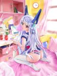  ass bed blush book bottle can chewing_gum clock computer food highres laptop le_fantasque_(zhan_jian_shao_nyu) long_hair looking_at_viewer mechanical_ears photo_(object) pillow shirt silver_hair soda_can swimsuit table thigh-highs water_bottle window yellow_eyes zhan_jian_shao_nyu 