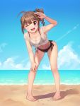  1girl ;d ahoge armpits bangs bare_shoulders barefoot beach bent_over bikini bikini_under_clothes black_bikini blue_sky breasts brown_hair cleavage clouds collarbone day drill_hair eyebrows_visible_through_hair full_body hair_ornament hair_scrunchie hand_on_own_knee hand_up idolmaster idolmaster_million_live! kamille_(vcx68) leaning_forward long_hair looking_at_viewer medium_breasts navel ocean one_eye_closed open_mouth outdoors sand scrunchie shirt side-tie_bikini side_ponytail sidelocks sky sleeveless sleeveless_shirt smile solo standing stomach swimsuit teeth tied_shirt toes topknot violet_eyes water_drop wet wet_clothes wet_shirt white_shirt yokoyama_nao 