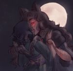 2girls animal_ears arm_hair dress drill_hair face_licking full_moon glowing glowing_eyes height_difference imaizumi_kagerou japanese_clothes kimono kiss licking moon multiple_girls orz_(kagewaka) red_eyes size_difference thick_eyebrows touhou wakasagihime wavy_hair werewolf wolf_ears wrist_grab yuri