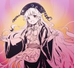  1girl aura brown_eyes chinese_clothes dress hat junko_(touhou) long_hair looking_at_viewer makuwauri open_mouth orange_eyes outstretched_arms smile solo tabard touhou very_long_hair wide_sleeves 