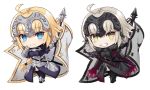  2girls ahoge armor belt blonde_hair blue_eyes chains chibi dual_wielding fate/apocrypha fate/grand_order fate_(series) full_body fur_trim gabiran gauntlets head_piece jeanne_alter multiple_girls plackart ruler_(fate/apocrypha) sheath sheathed silver_hair standard_bearer standing sword thigh-highs weapon yellow_eyes zettai_ryouiki 