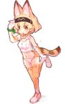  1girl alternate_costume animal_ears blonde_hair bow bowtie breasts commentary elbow_gloves full_body gloves hairband highres kemono_friends medium_breasts midriff navel open_mouth serval_(kemono_friends) serval_ears serval_tail shoes short_hair simple_background solo standing standing_on_one_leg sweat tail tank_top teranekosu thigh-highs white_background wristband yellow_eyes 