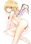  1girl ass bare_shoulders bikini blonde_hair breasts flandre_scarlet hair_between_eyes heart highres long_hair navel one_side_up red_bikini red_eyes simple_background small_breasts smile solo string_bikini swimsuit touhou white_background wings yuki_(snowmaiden) 