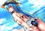  1girl adjusting_clothes adjusting_swimsuit ass blue_hair blue_sky breasts brown_eyes clouds cloudy_sky cowboy_shot day food from_behind fruit hair_between_eyes hat hinanawi_tenshi long_hair looking_at_viewer outdoors peach sideboob sketch sky small_breasts solo string_bikini sun_hat swimsuit touhou very_long_hair yuhito_(ablbex) 
