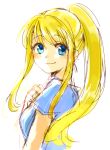  1girl bangs blonde_hair blue_eyes blush earrings eyebrows_visible_through_hair fullmetal_alchemist hand_on_own_chest jewelry long_hair looking_at_viewer ponytail shirt simple_background smile solo tsukuda0310 white_background white_shirt winry_rockbell 