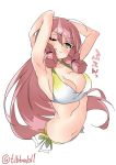  1girl akashi_(kantai_collection) armpits arms_up bikini blush breasts ebifurya green_eyes hair_ribbon highres kantai_collection long_hair looking_at_viewer navel one_eye_closed pink_hair ribbon side-tie_bikini sidelocks simple_background solo swimsuit translation_request tress_ribbon twitter_username white_background 