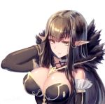  1girl assassin_of_red black_hair breasts brown_eyes detached_sleeves dress fate/apocrypha fate_(series) fur_coat garutaisa long_hair pointy_ears simple_background slit_pupils solo upper_body white_background 